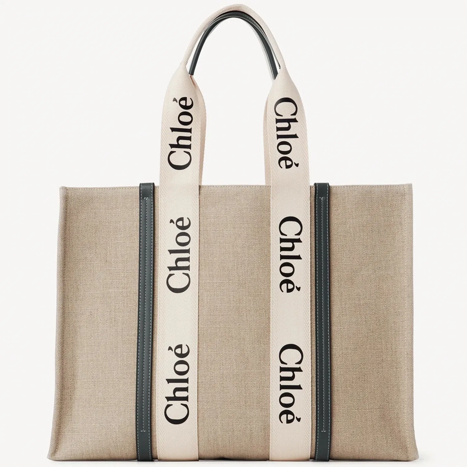Top Quality Fake Chloe Woody Large Tote Bag in Linen Canvas with Navy Blue Leather
