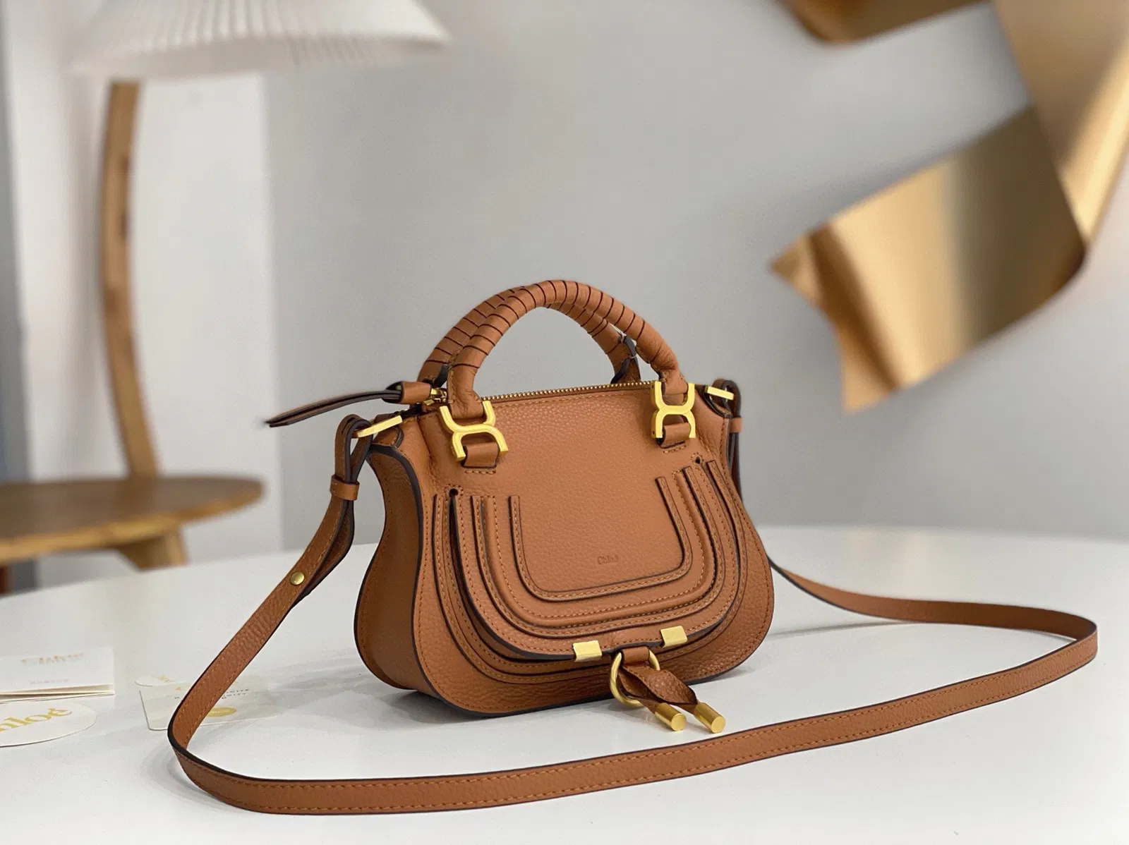 Top Quality Replica Chloe Marcie Mini Double Carry Bag in Brown Grained Leather — image 10