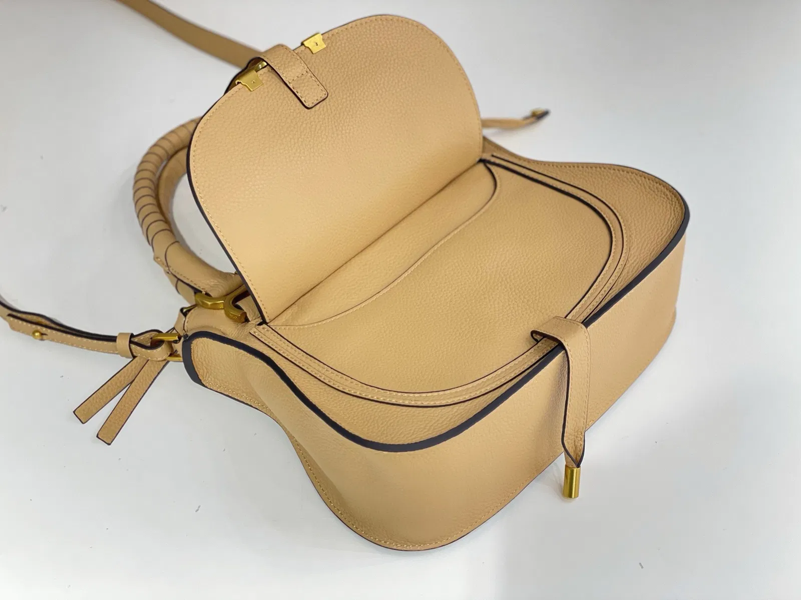 Top Quality Fake Chloe Marcie Small Double Carry Bag in Beige Grained Leather — image 9
