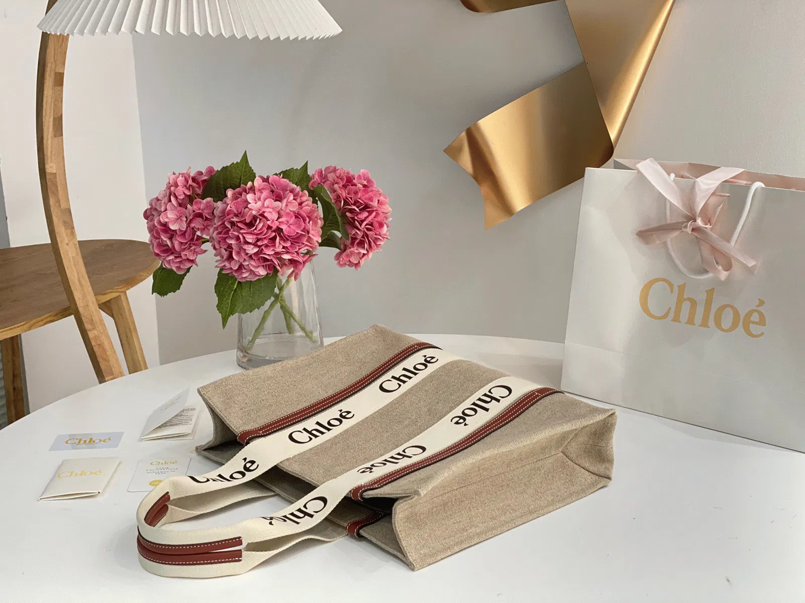 Top Quality Fake Chloe Medium Woody Tote Bag in Canvas with Tan Leather Strips — image 7