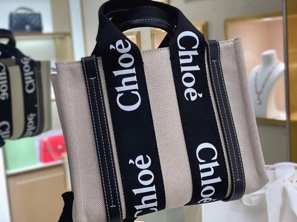 Top Quality Replica Chloe Small Woody Tote Bag in Canvas with Black Leather Strips — image 3