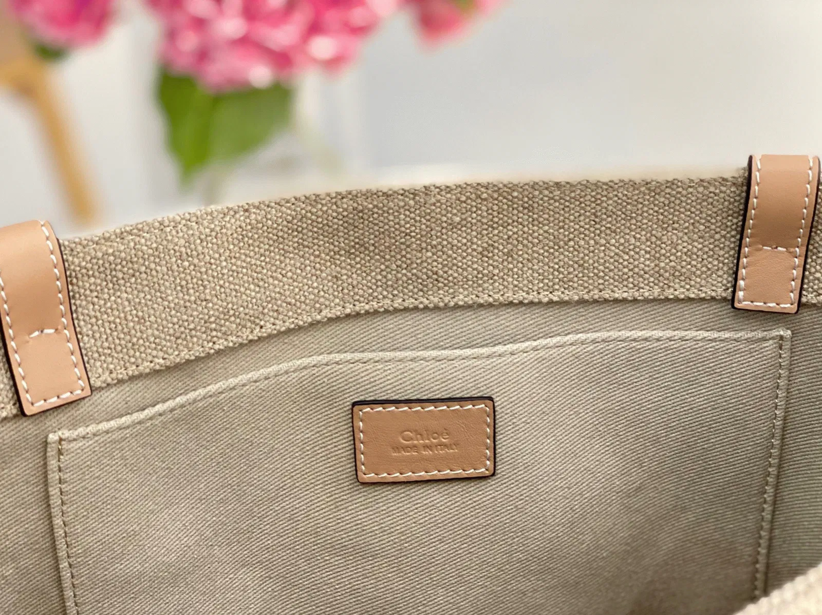 Top Quality Fake Chloe Woody Medium Tote Bag in Linen Canvas with Beige Leather — image 6