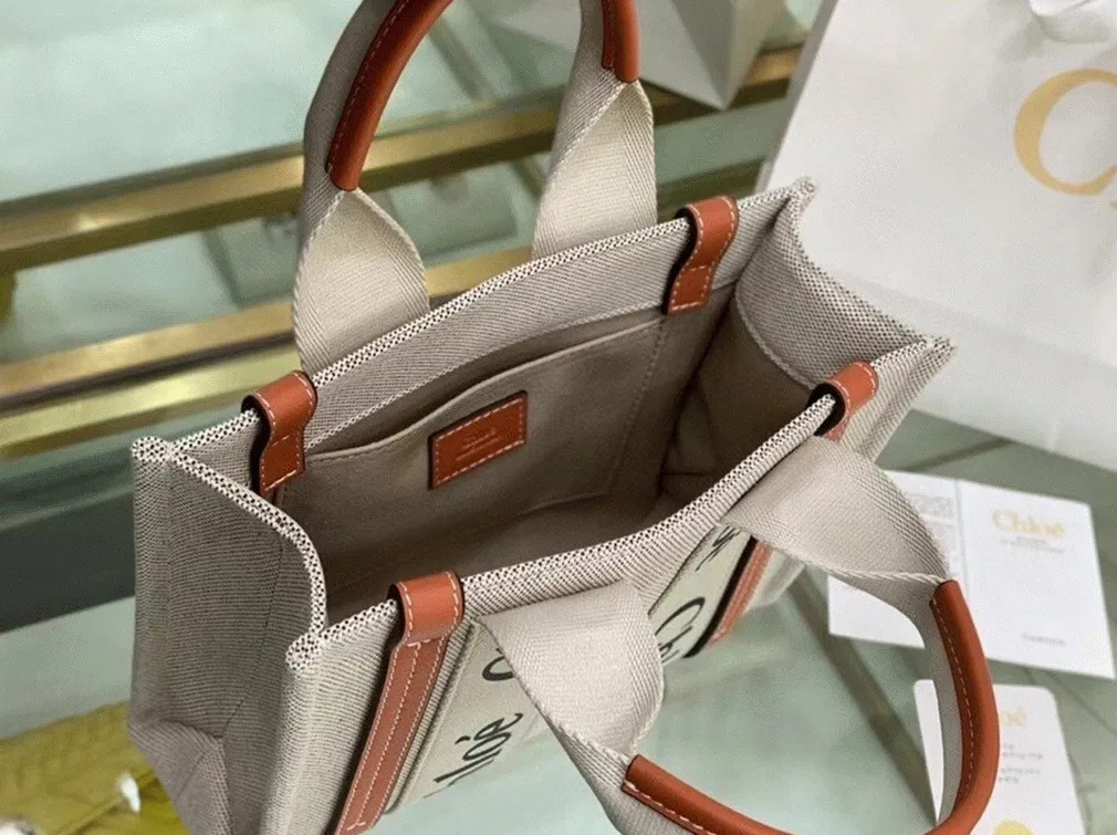 Top Quality Knockoff Chloe Small Woody Tote Bag in Canvas with Brown Leather Strips — image 7