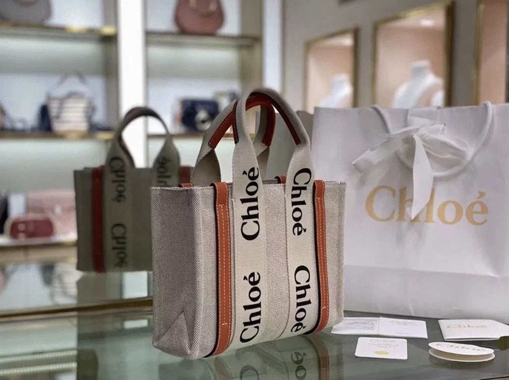 Top Quality Knockoff Chloe Small Woody Tote Bag in Canvas with Brown Leather Strips — image 2