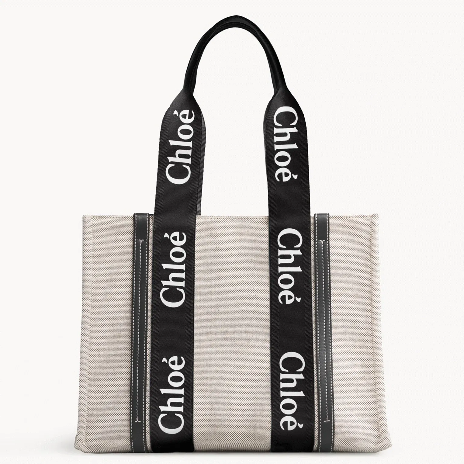 Top Quality Fake Chloe Large Woody Tote Bag in Canvas with Black Leather Strips