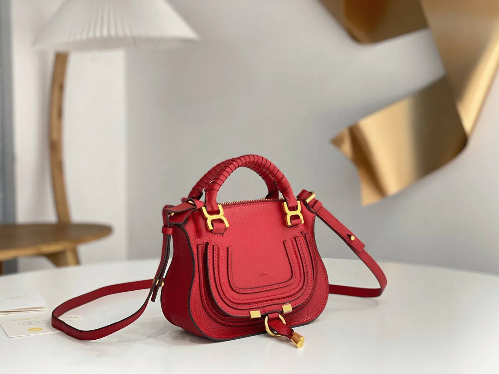 Top Quality Knockoff Chloe Marcie Mini Double Carry Bag in Red Grained Leather — image 3