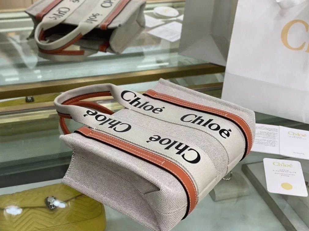 Top Quality Knockoff Chloe Small Woody Tote Bag in Canvas with Brown Leather Strips — image 8