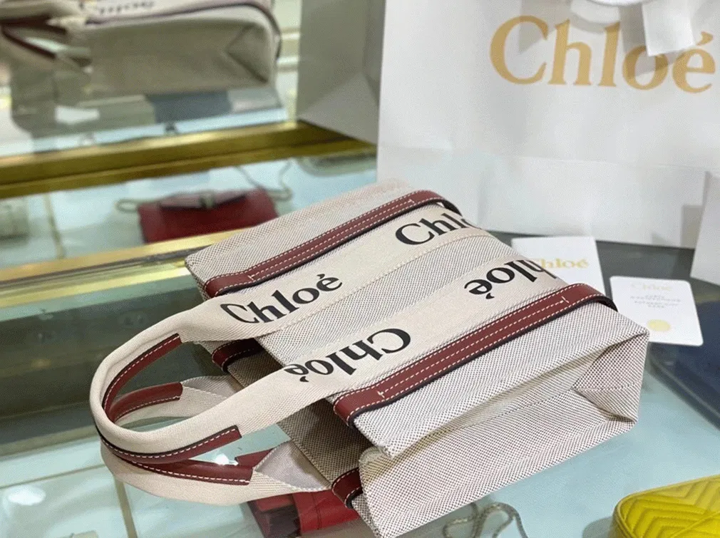 Top Quality Replica Chloe Small Woody Tote Bag in Canvas with Camel Leather Strips — image 9