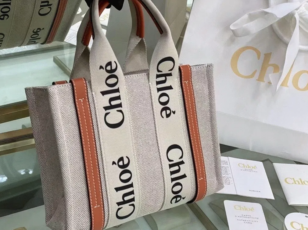 Top Quality Knockoff Chloe Small Woody Tote Bag in Canvas with Brown Leather Strips — image 4