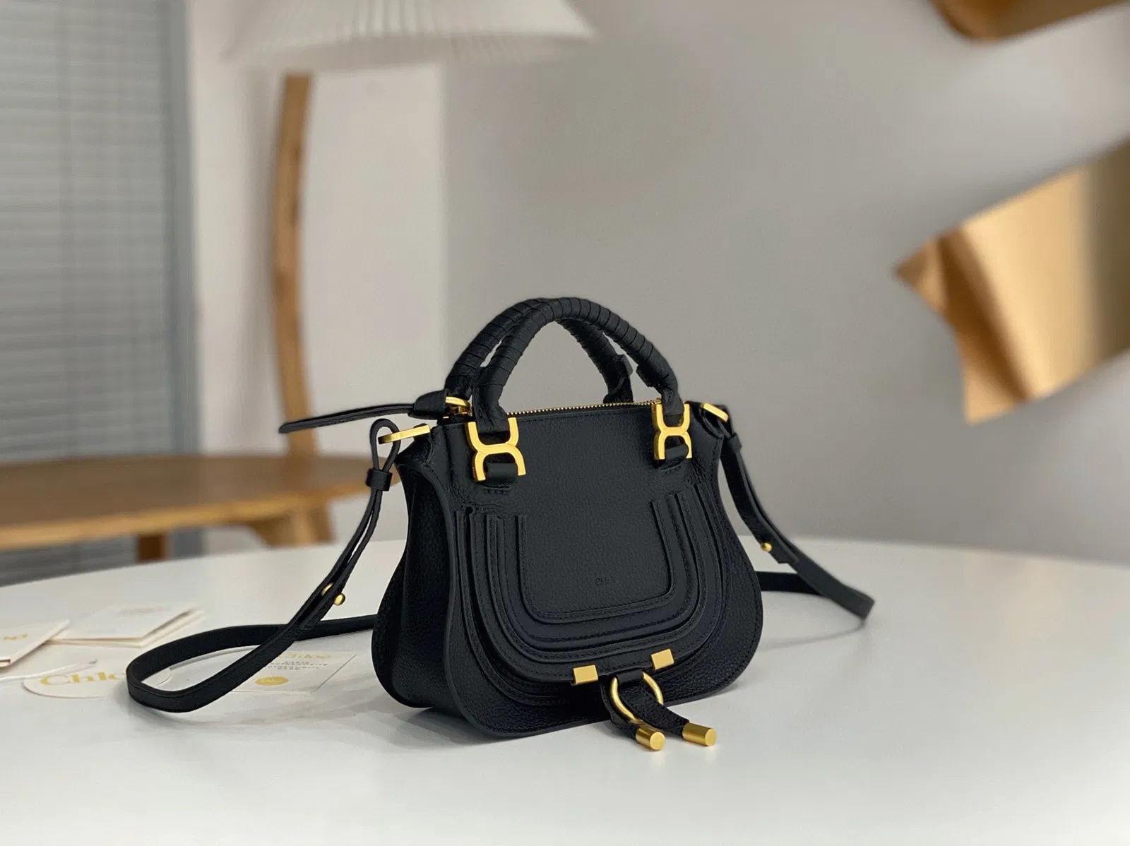 Top Quality Knockoff Chloe Marcie Mini Double Carry Bag in Black Grained Leather — image 10