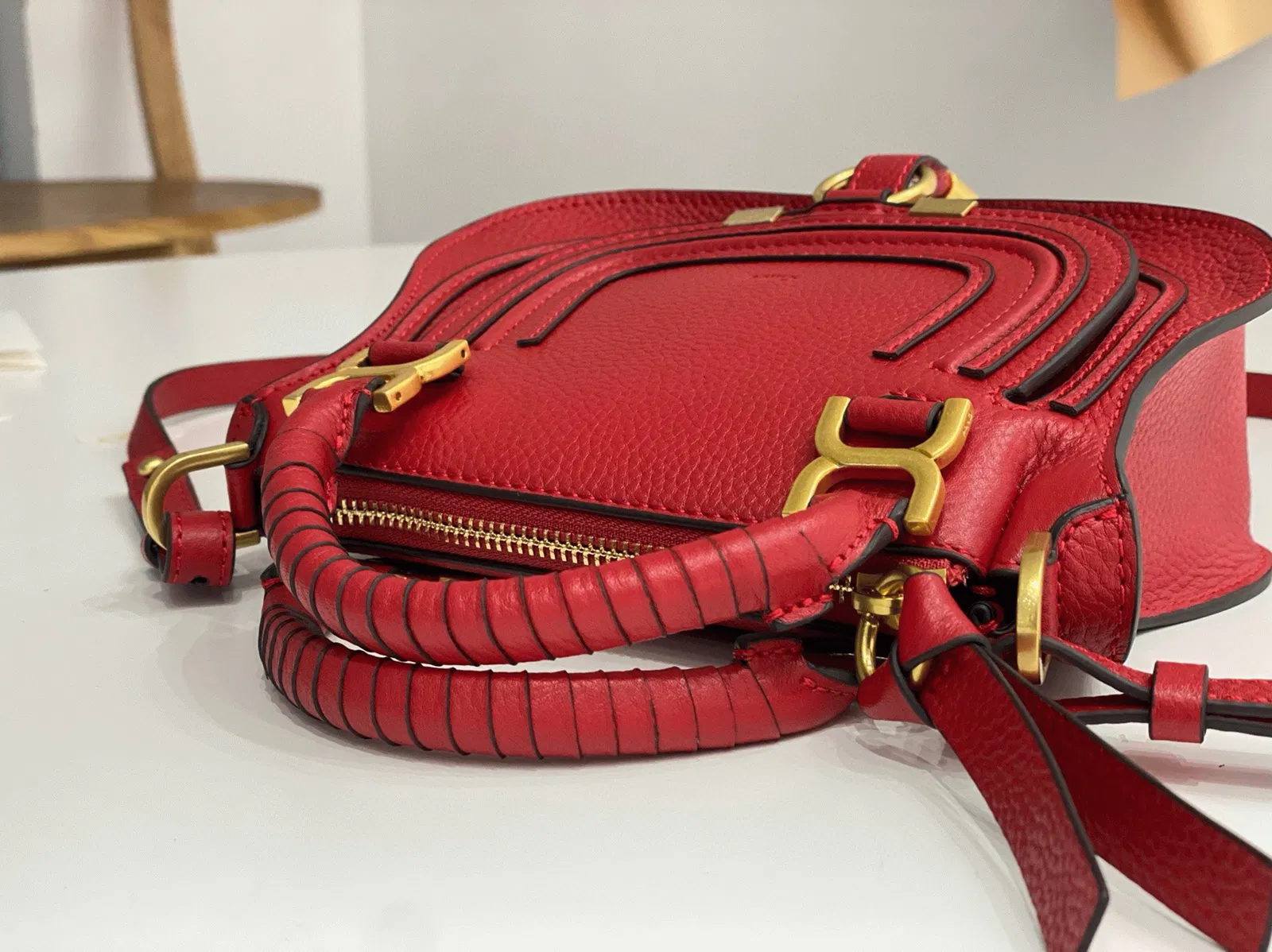 Top Quality Knockoff Chloe Marcie Mini Double Carry Bag in Red Grained Leather — image 4