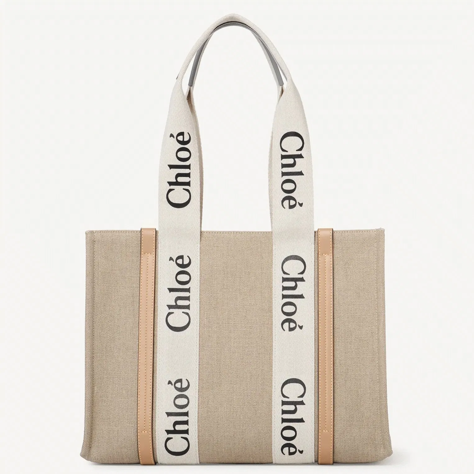 Top Quality Fake Chloe Woody Medium Tote Bag in Linen Canvas with Beige Leather