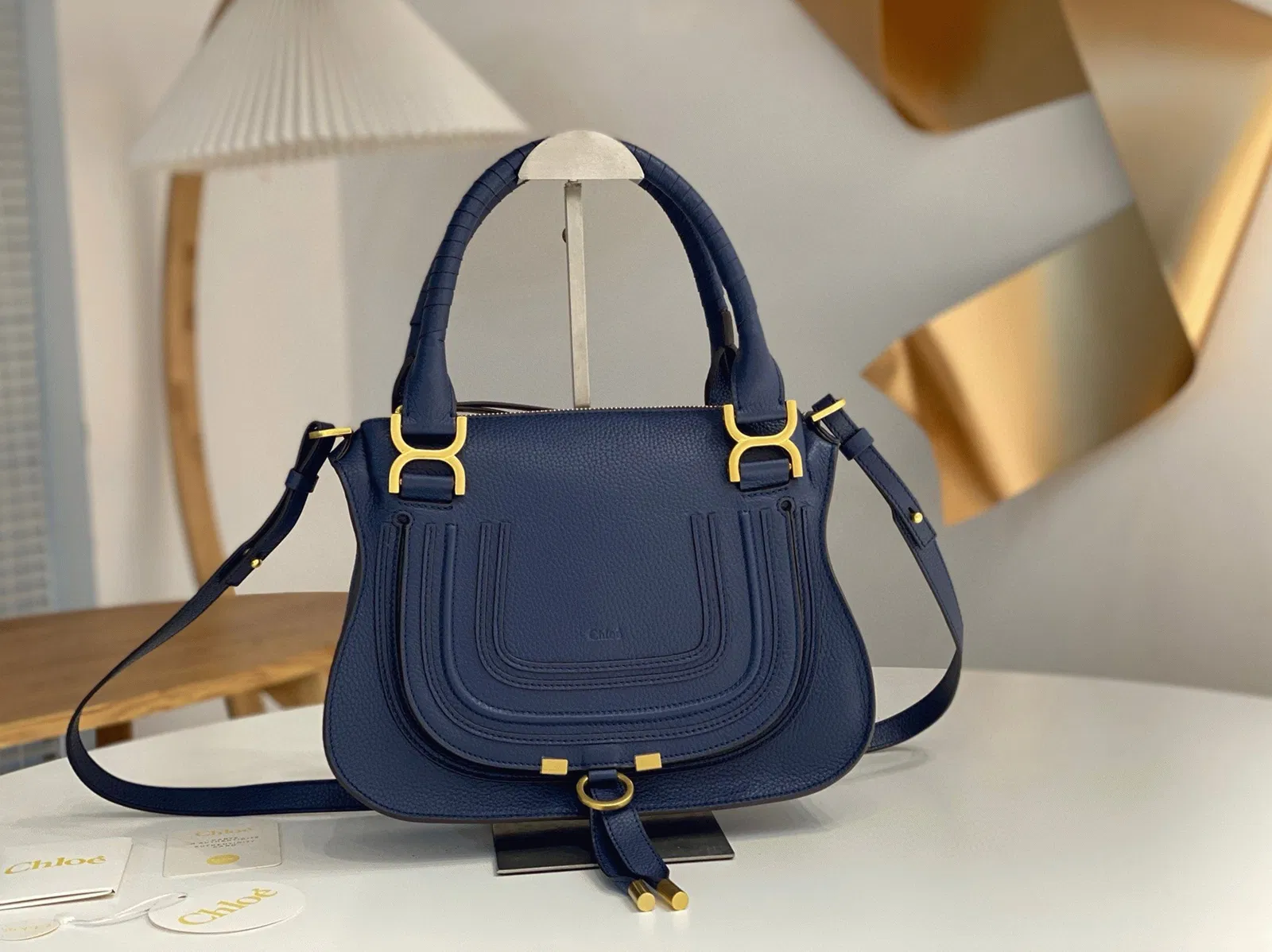 Top Quality Fake Chloe Marcie Small Double Carry Bag in Blue Grained Leather — image 6