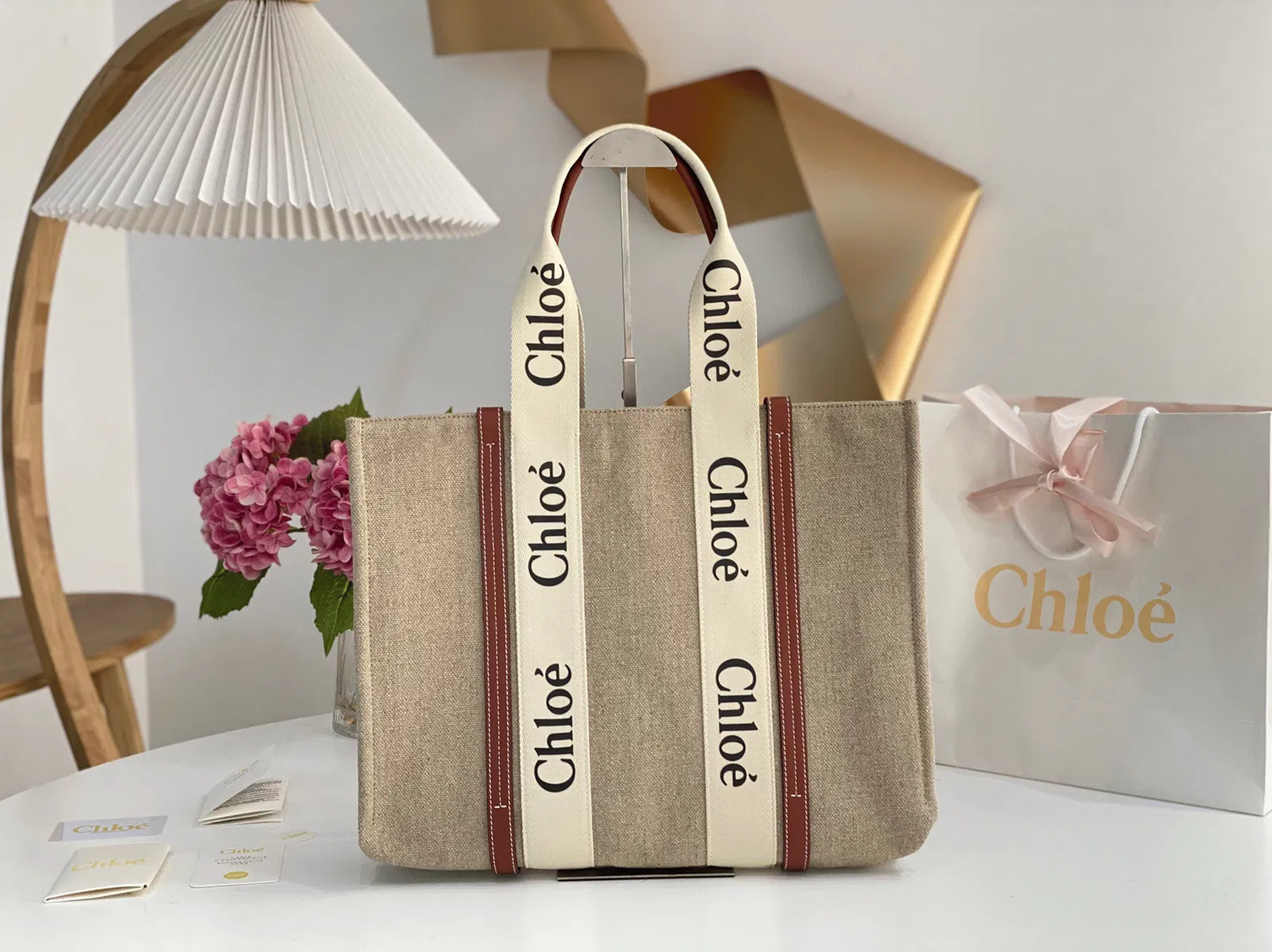 Top Quality Fake Chloe Medium Woody Tote Bag in Canvas with Tan Leather Strips — image 5