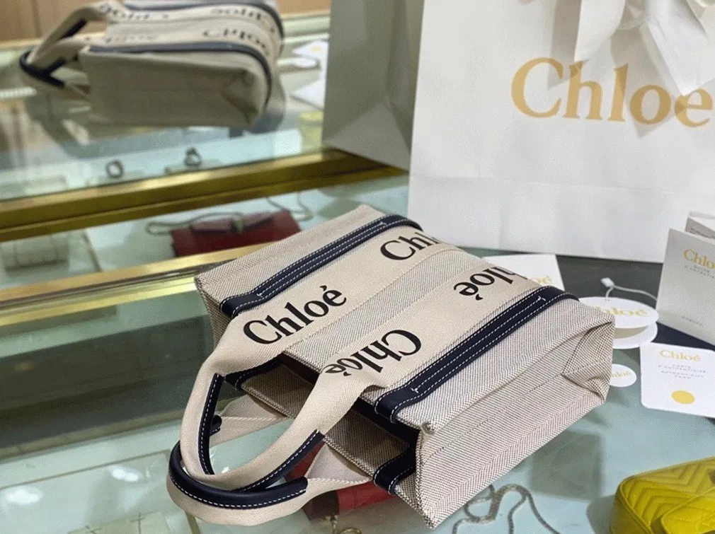 Top Quality Fake Chloe Small Woody Tote Bag in Canvas with Blue Leather Strips — image 2