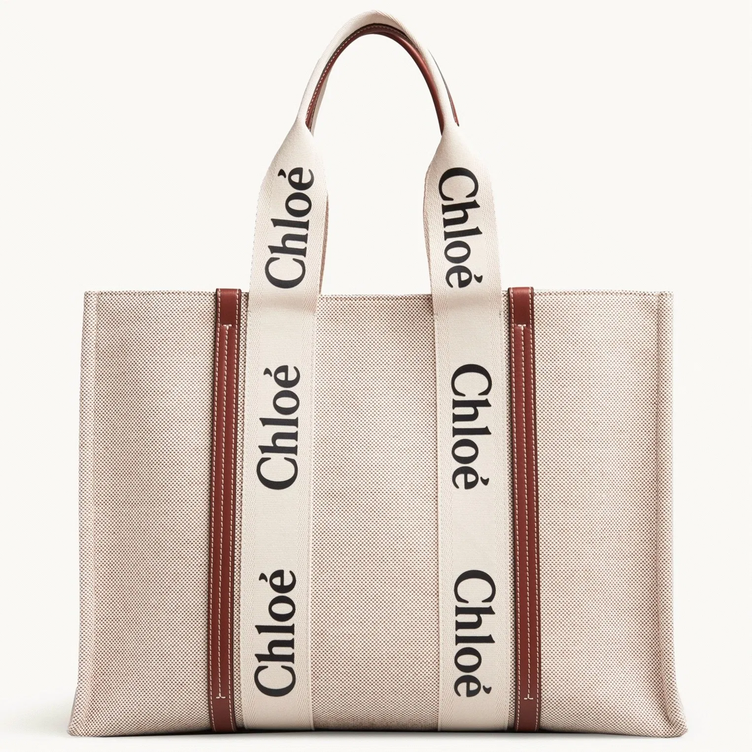 Top Quality Imitation Chloe Large Woody Tote Bag in Canvas with Brown Leather Strips