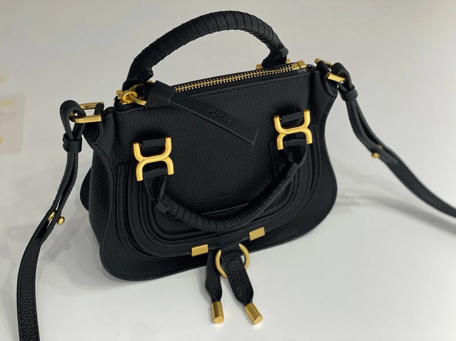 Top Quality Knockoff Chloe Marcie Mini Double Carry Bag in Black Grained Leather — image 3