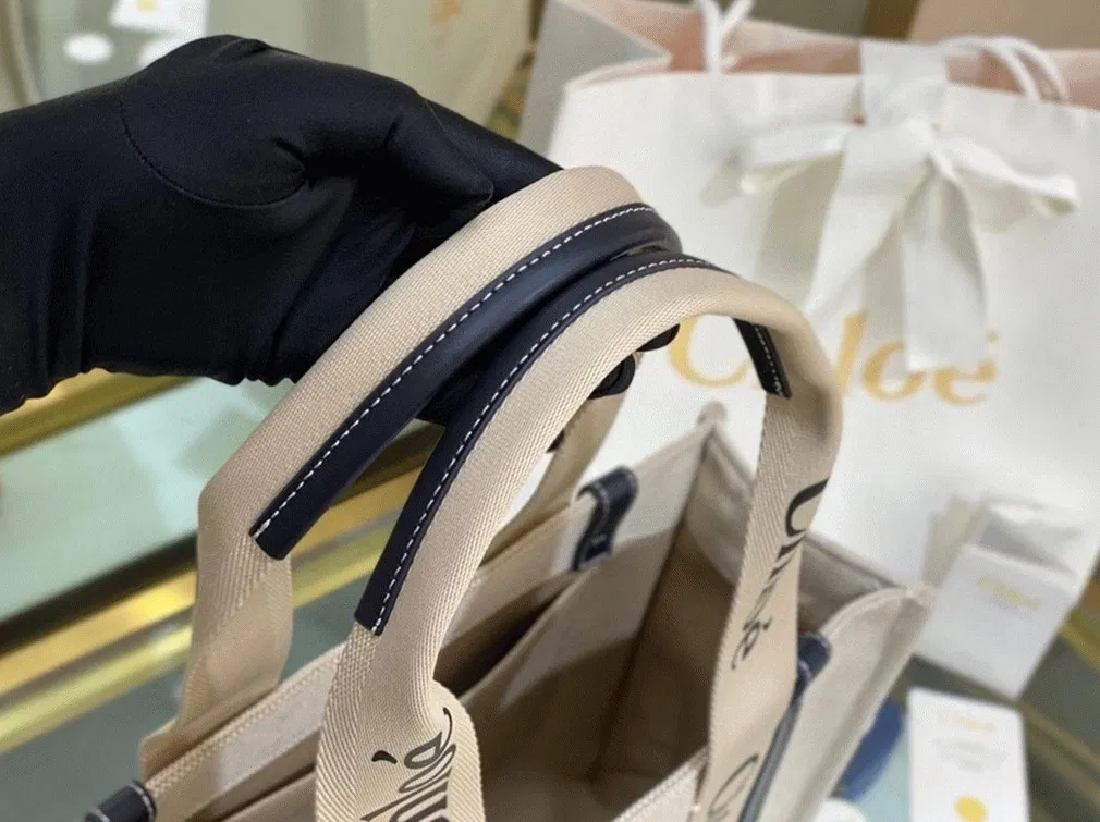 Top Quality Knockoff Chloe Medium Woody Tote Bag in Canvas with Blue Leather Strips — image 4