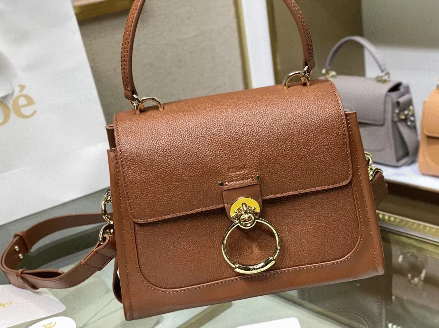Top Quality Fake Chloe Small Tess Day Bag In Caramel Grained Leather — image 6