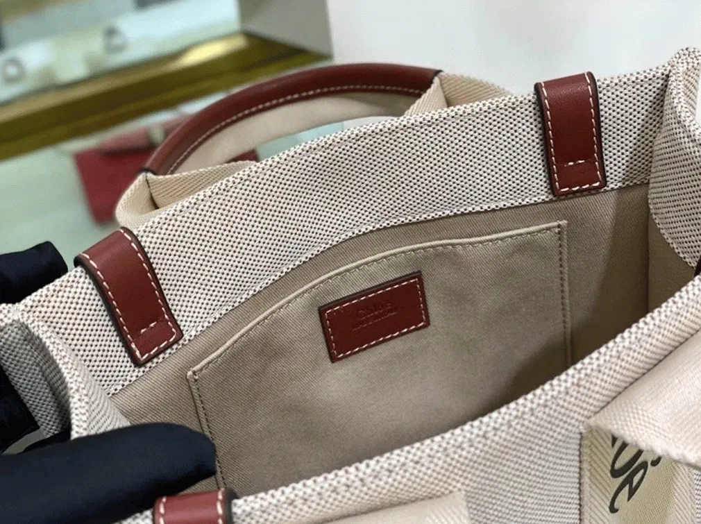 Top Quality Replica Chloe Small Woody Tote Bag in Canvas with Camel Leather Strips — image 6