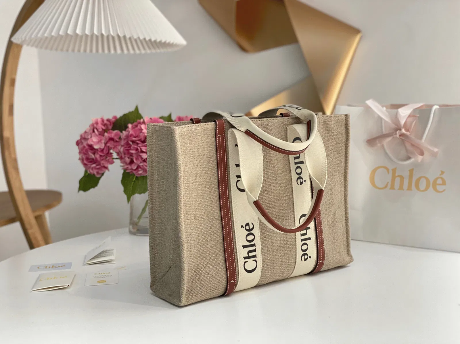 Top Quality Fake Chloe Medium Woody Tote Bag in Canvas with Tan Leather Strips — image 4