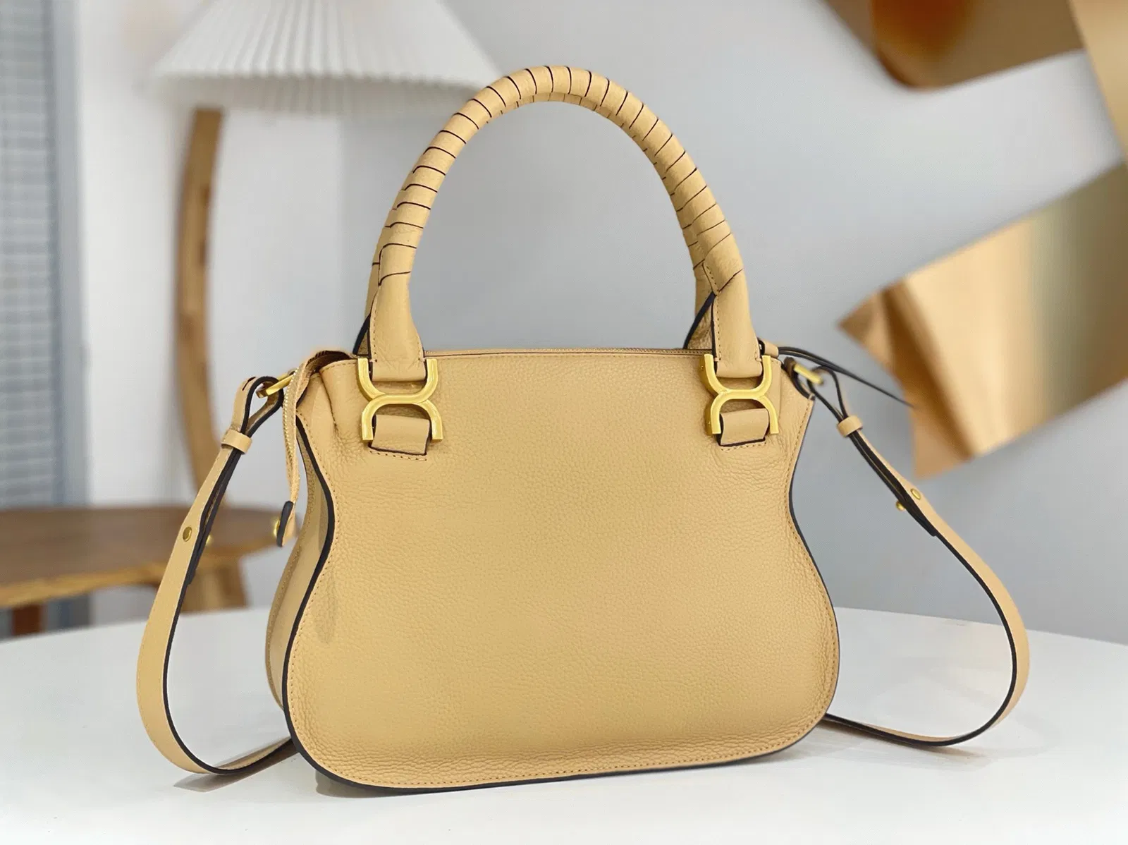 Top Quality Fake Chloe Marcie Small Double Carry Bag in Beige Grained Leather — image 5