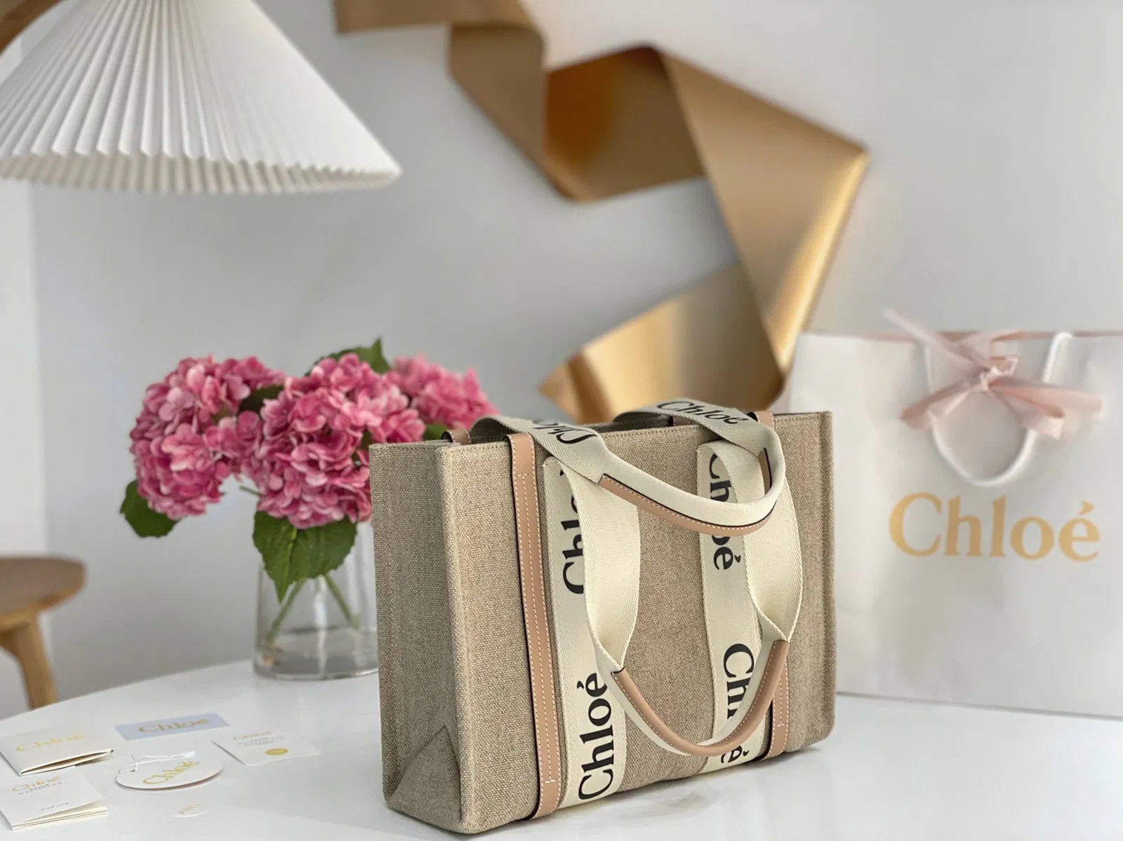 Top Quality Fake Chloe Woody Medium Tote Bag in Linen Canvas with Beige Leather — image 5