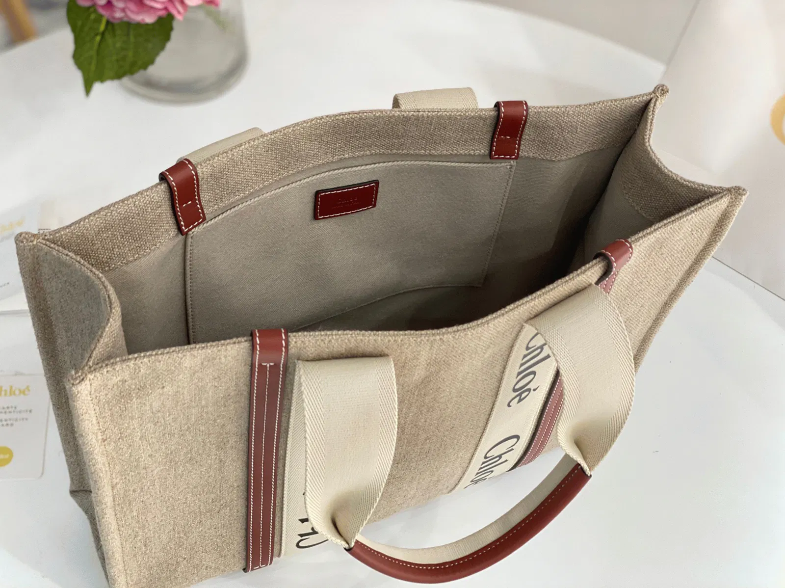 Top Quality Fake Chloe Medium Woody Tote Bag in Canvas with Tan Leather Strips — image 9