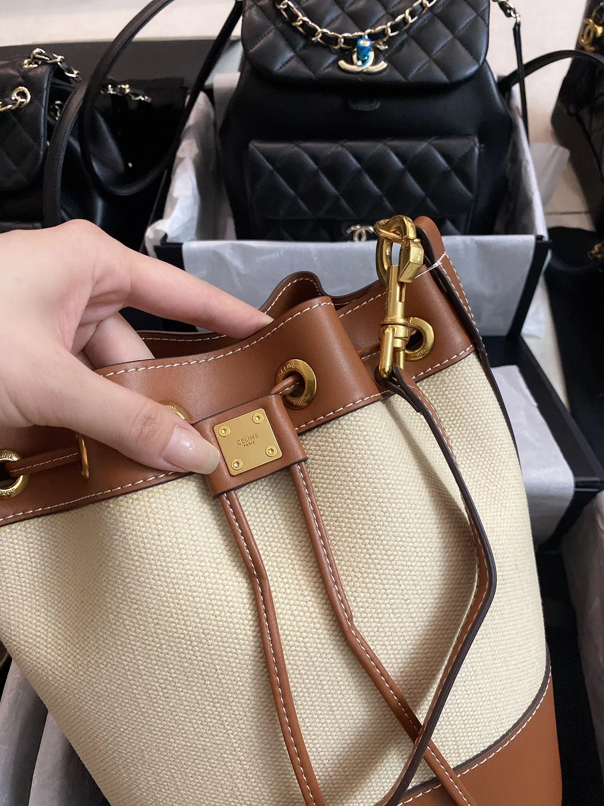 Small drawstring cabas marin in TEXTILE AND CALFSKIN — image 9
