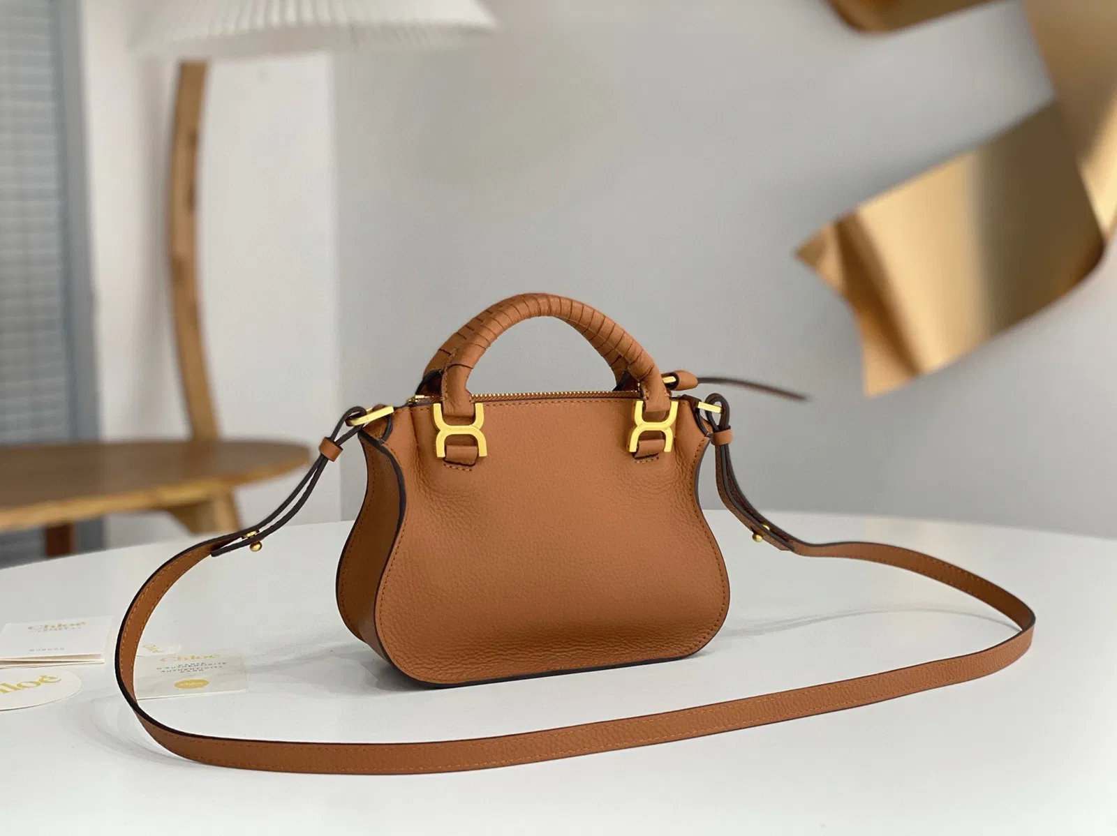 Top Quality Replica Chloe Marcie Mini Double Carry Bag in Brown Grained Leather — image 8