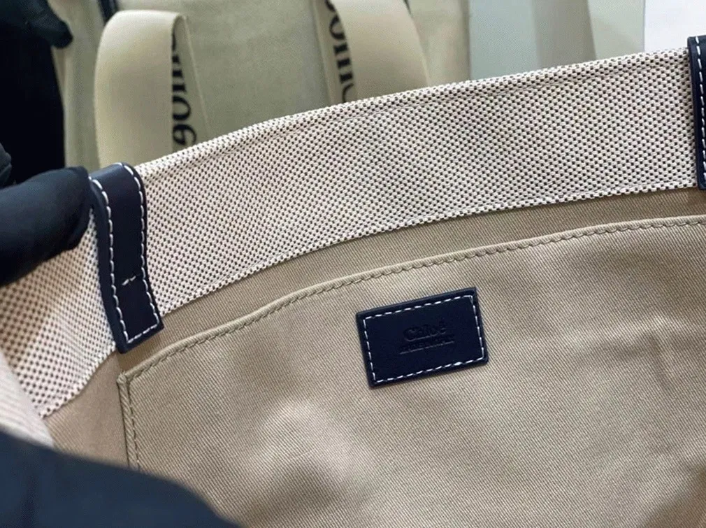 Top Quality Knockoff Chloe Medium Woody Tote Bag in Canvas with Blue Leather Strips — image 6