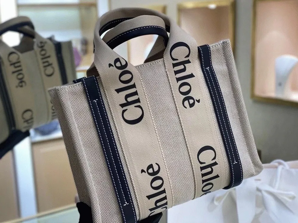 Top Quality Fake Chloe Small Woody Tote Bag in Canvas with Blue Leather Strips — image 7