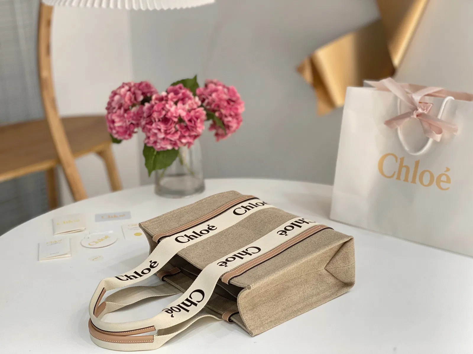 Top Quality Fake Chloe Woody Medium Tote Bag in Linen Canvas with Beige Leather — image 10