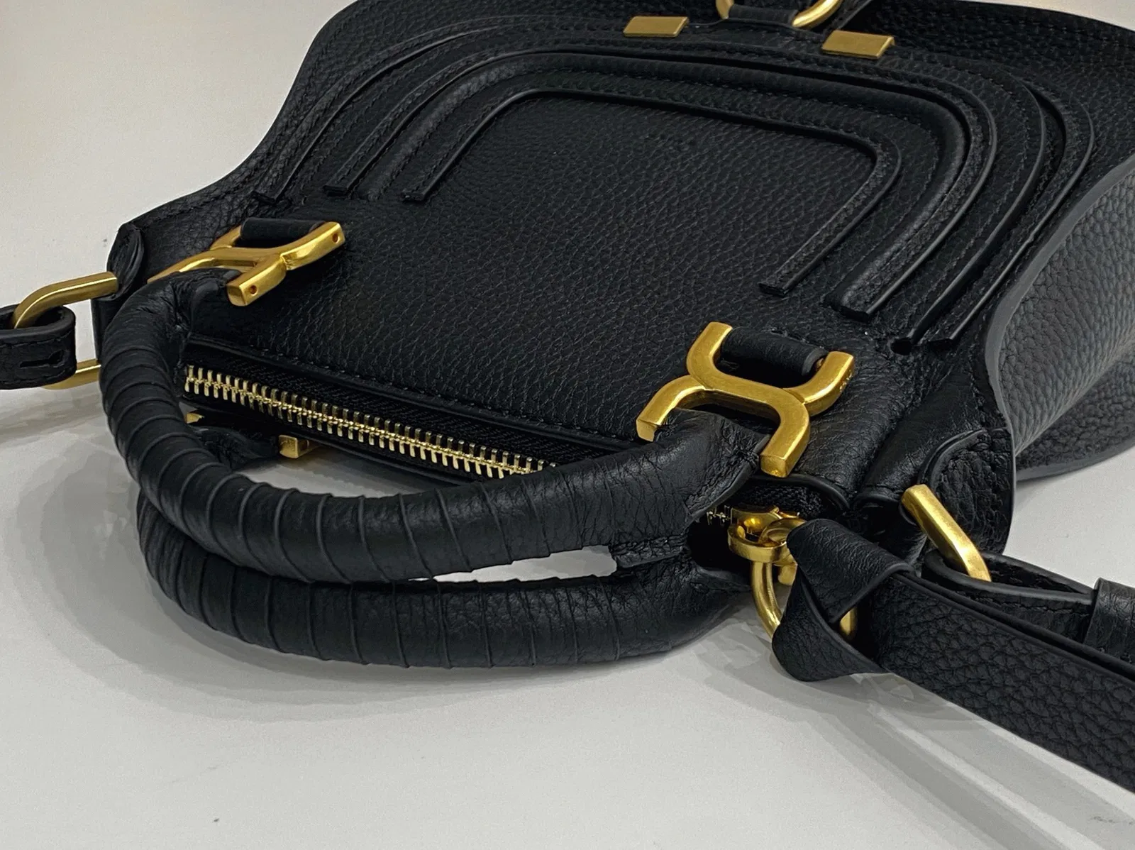 Top Quality Knockoff Chloe Marcie Mini Double Carry Bag in Black Grained Leather — image 8