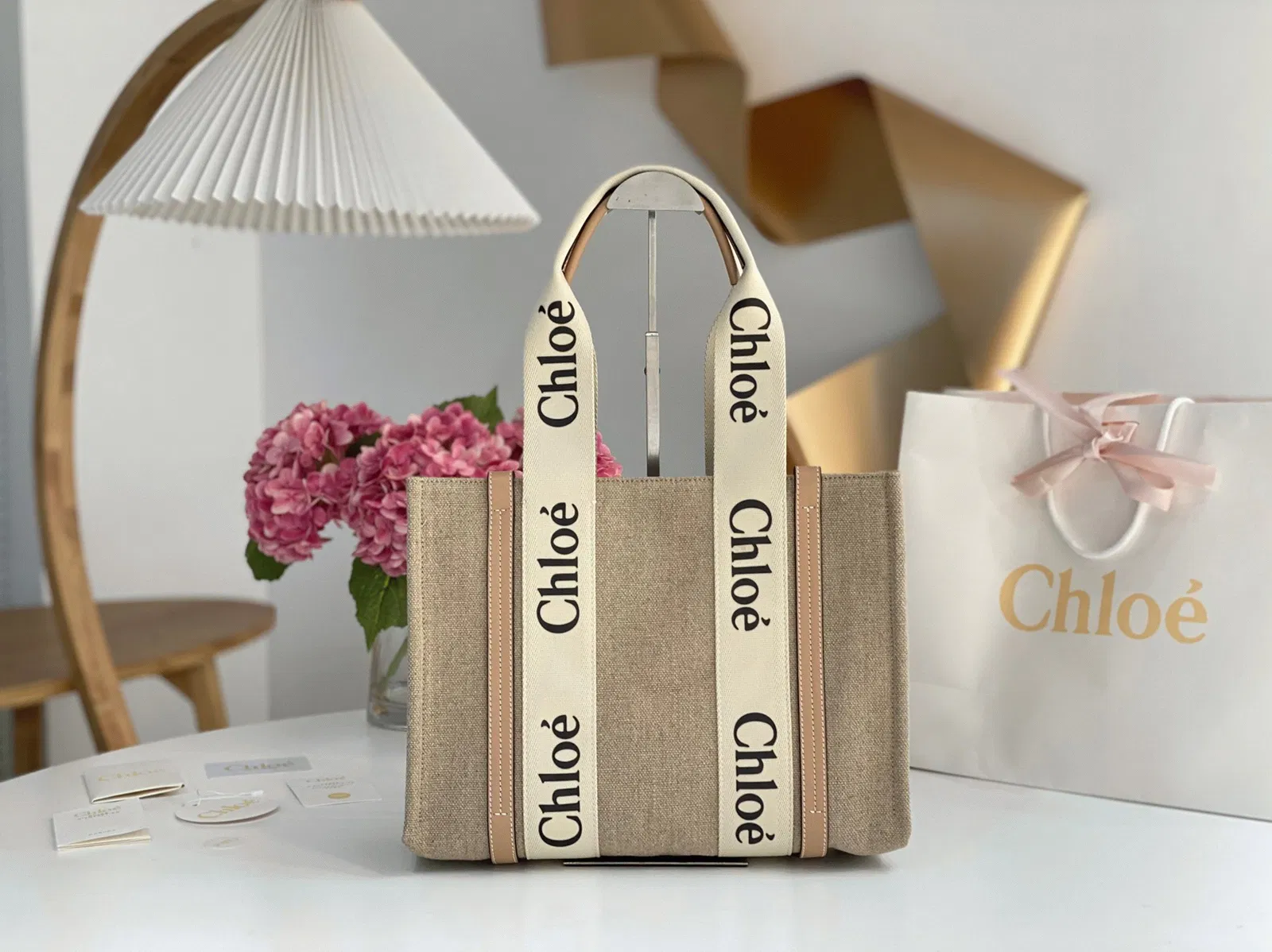 Top Quality Fake Chloe Woody Medium Tote Bag in Linen Canvas with Beige Leather — image 4