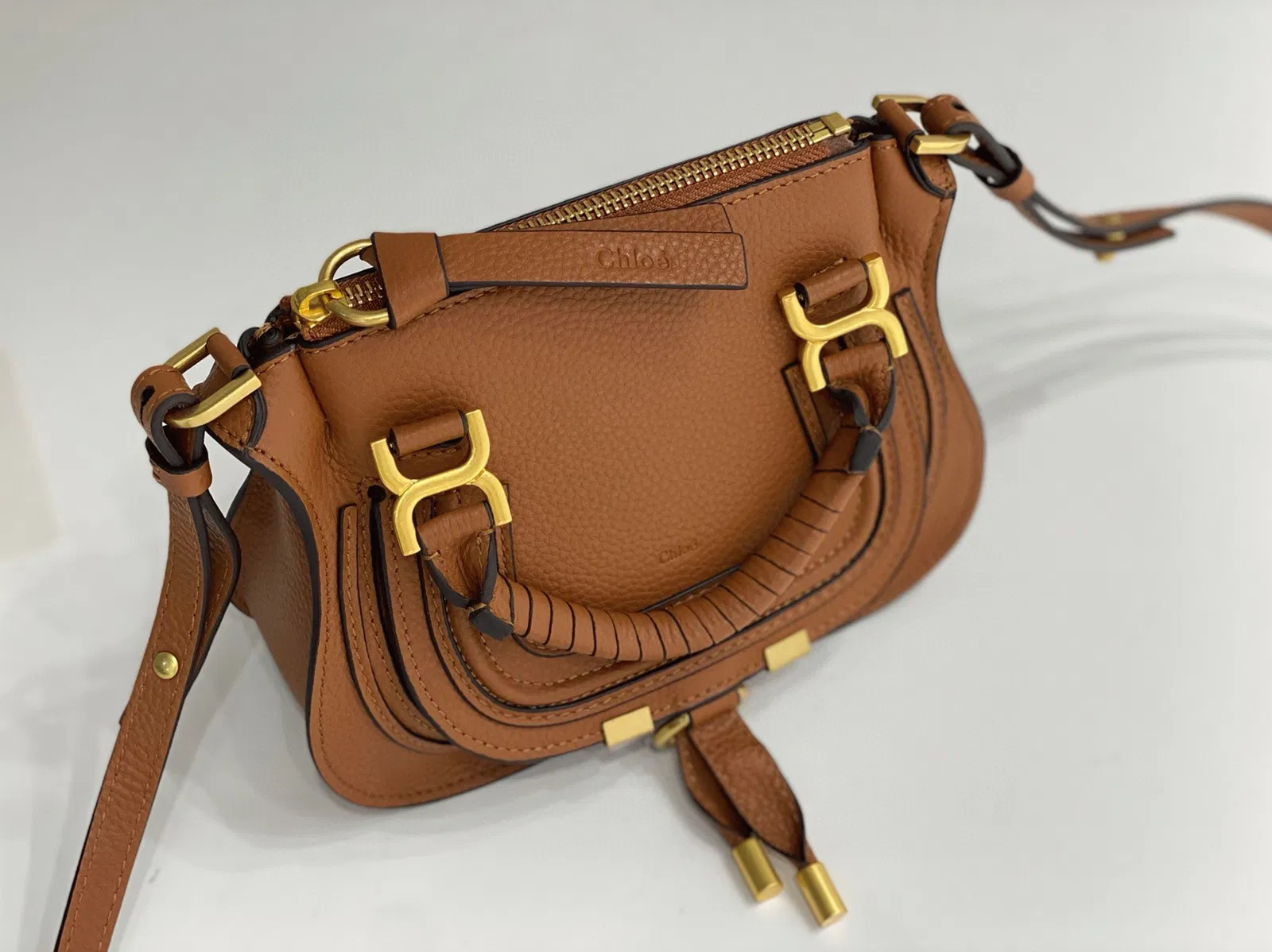 Top Quality Replica Chloe Marcie Mini Double Carry Bag in Brown Grained Leather — image 3
