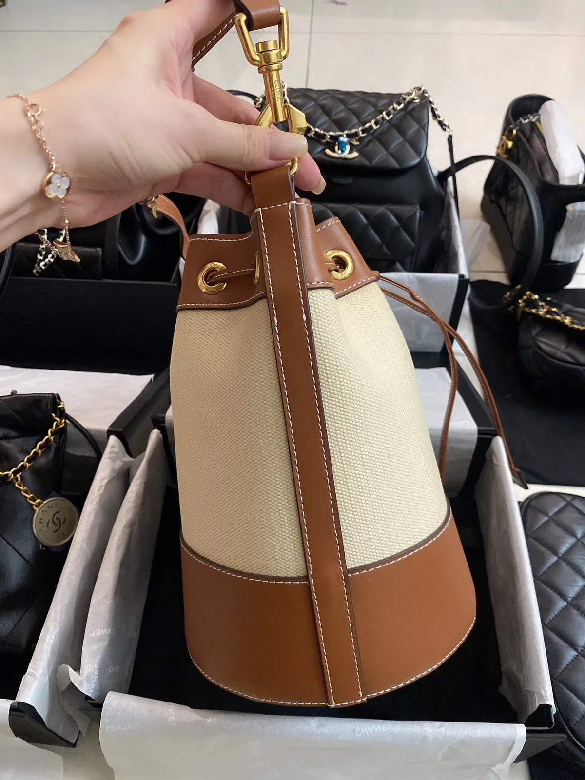 Small drawstring cabas marin in TEXTILE AND CALFSKIN — image 8