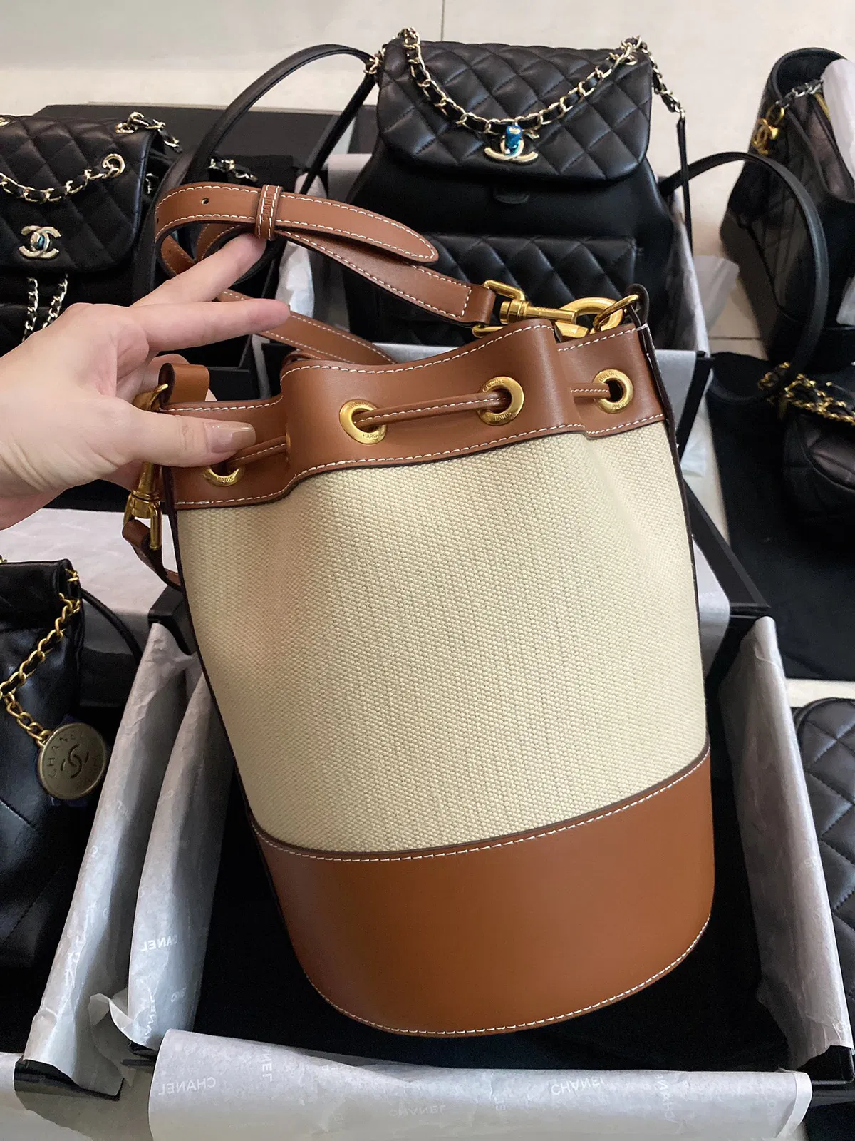 Small drawstring cabas marin in TEXTILE AND CALFSKIN — image 5