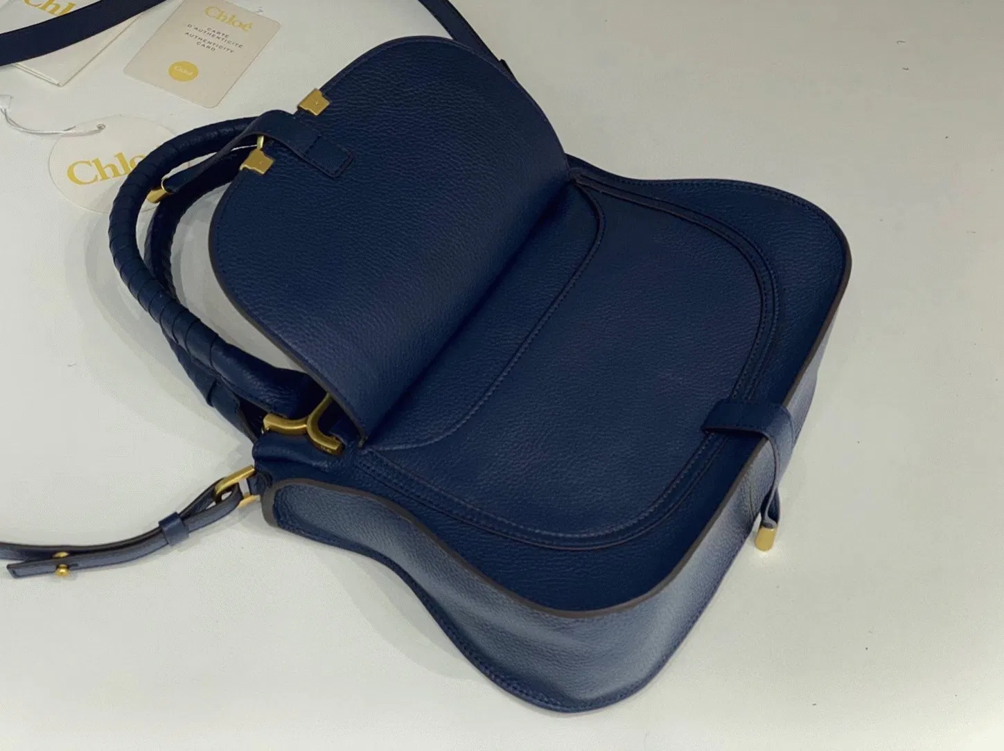 Top Quality Fake Chloe Marcie Small Double Carry Bag in Blue Grained Leather — image 5