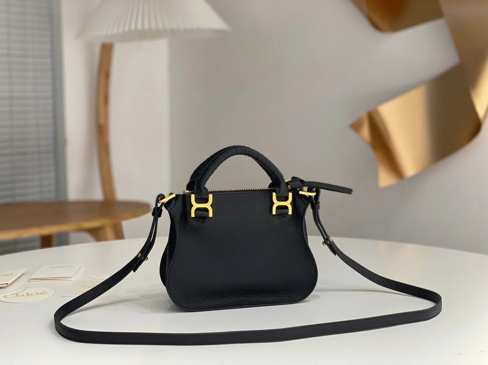 Top Quality Knockoff Chloe Marcie Mini Double Carry Bag in Black Grained Leather — image 9