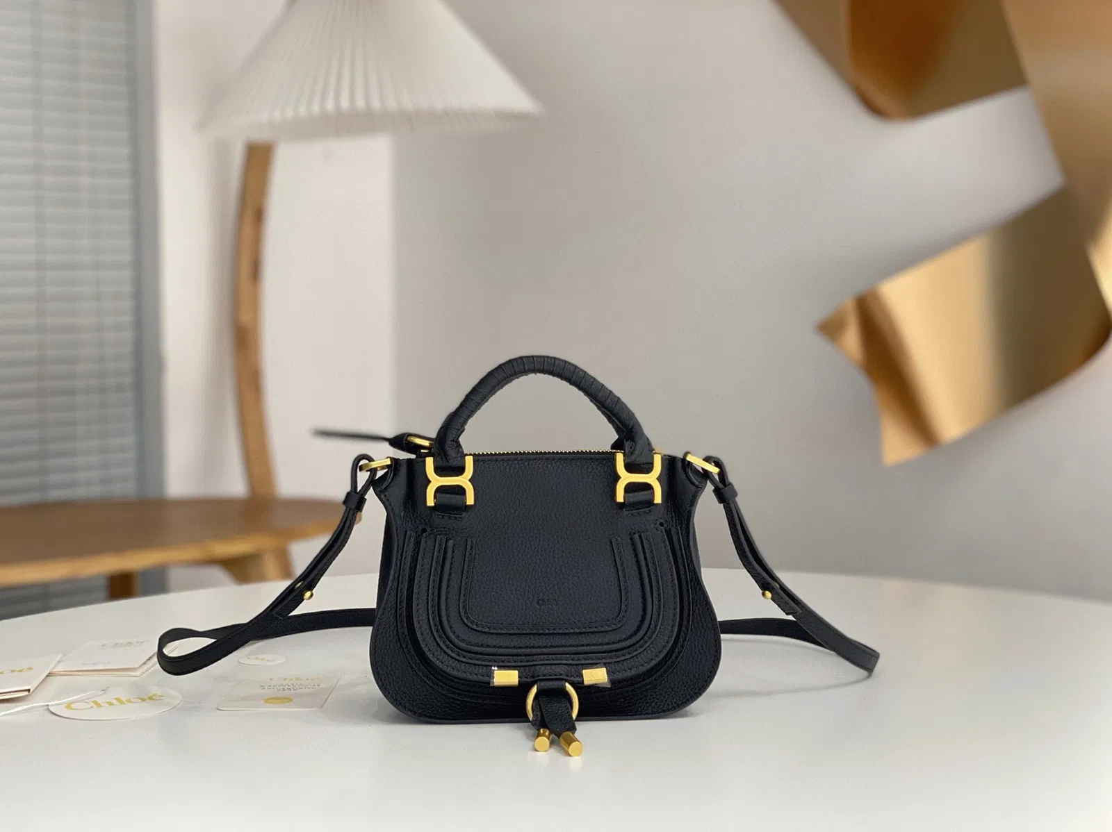 Top Quality Knockoff Chloe Marcie Mini Double Carry Bag in Black Grained Leather — image 7