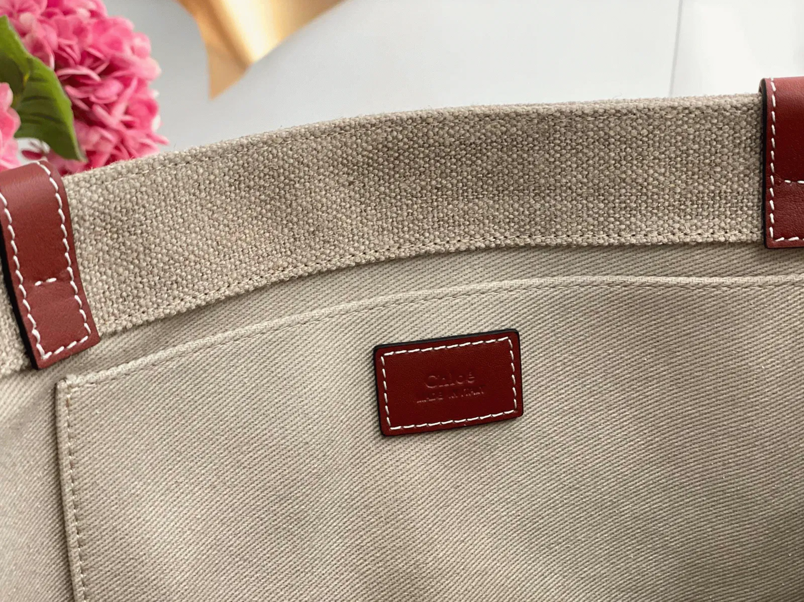 Top Quality Fake Chloe Medium Woody Tote Bag in Canvas with Tan Leather Strips — image 6