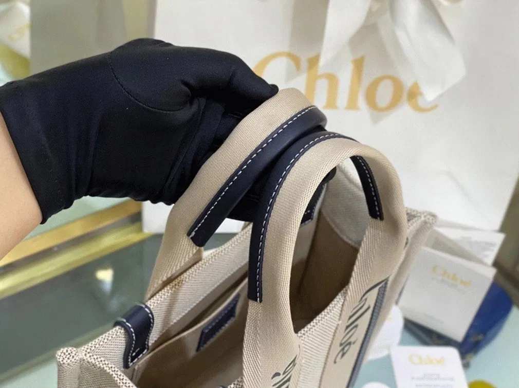 Top Quality Fake Chloe Small Woody Tote Bag in Canvas with Blue Leather Strips — image 5