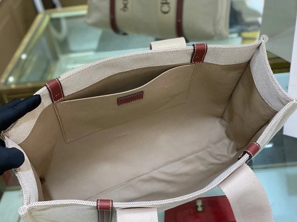Top Quality Imitation Chloe Large Woody Tote Bag in Canvas with Brown Leather Strips — image 9