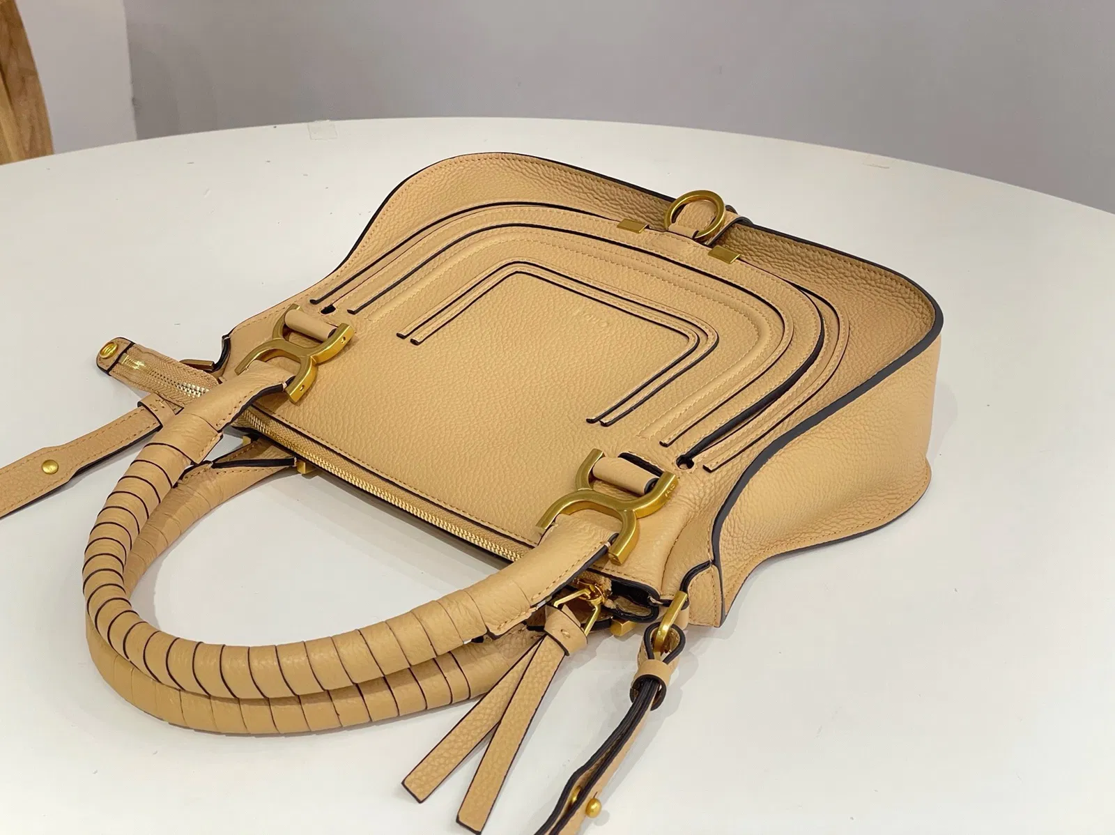 Top Quality Fake Chloe Marcie Small Double Carry Bag in Beige Grained Leather — image 2