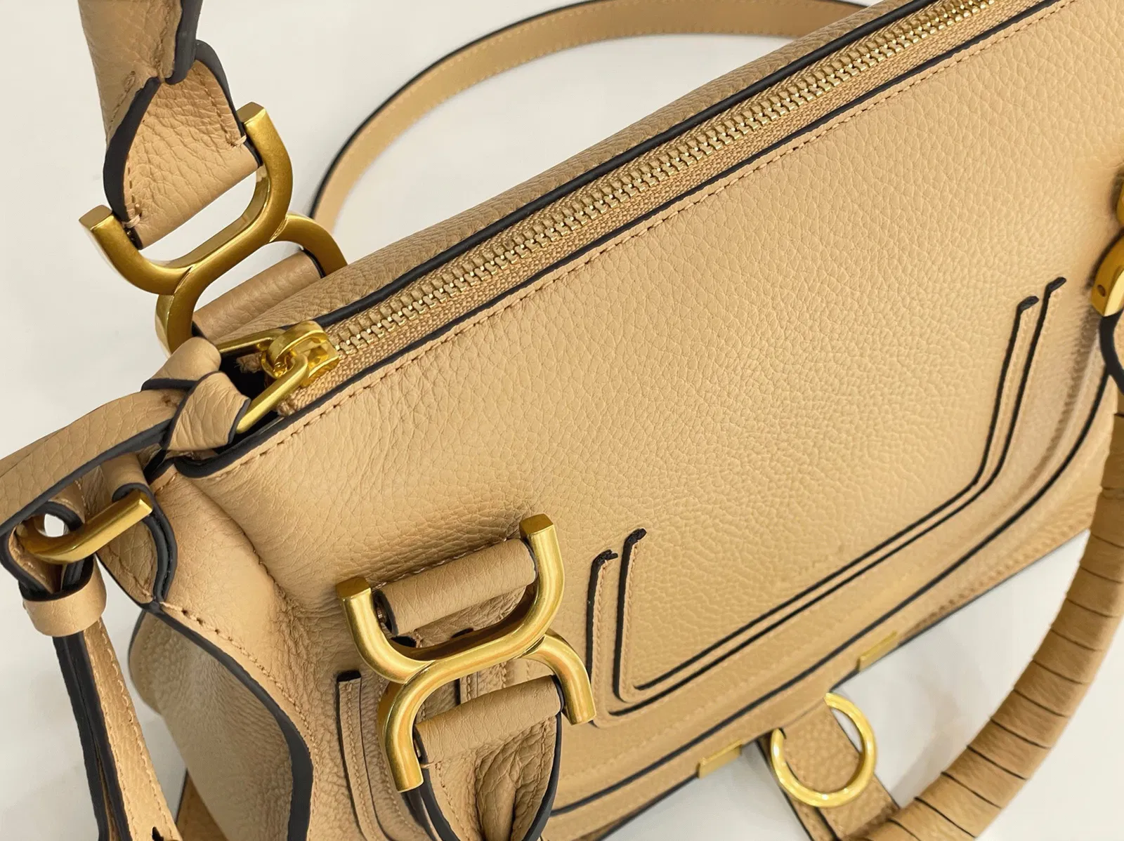 Top Quality Fake Chloe Marcie Small Double Carry Bag in Beige Grained Leather — image 3