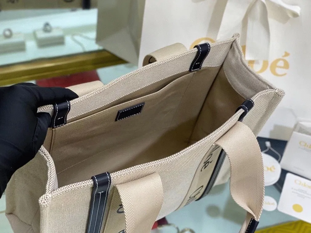 Top Quality Knockoff Chloe Medium Woody Tote Bag in Canvas with Blue Leather Strips — image 8