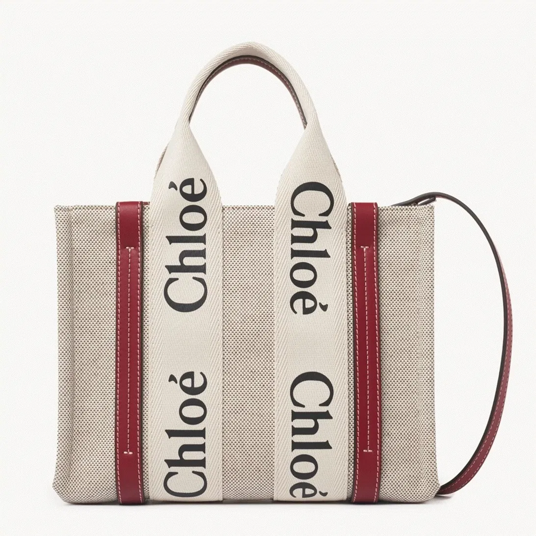 Top Quality Replica Chloe Small Woody Tote Bag in Canvas with Camel Leather Strips