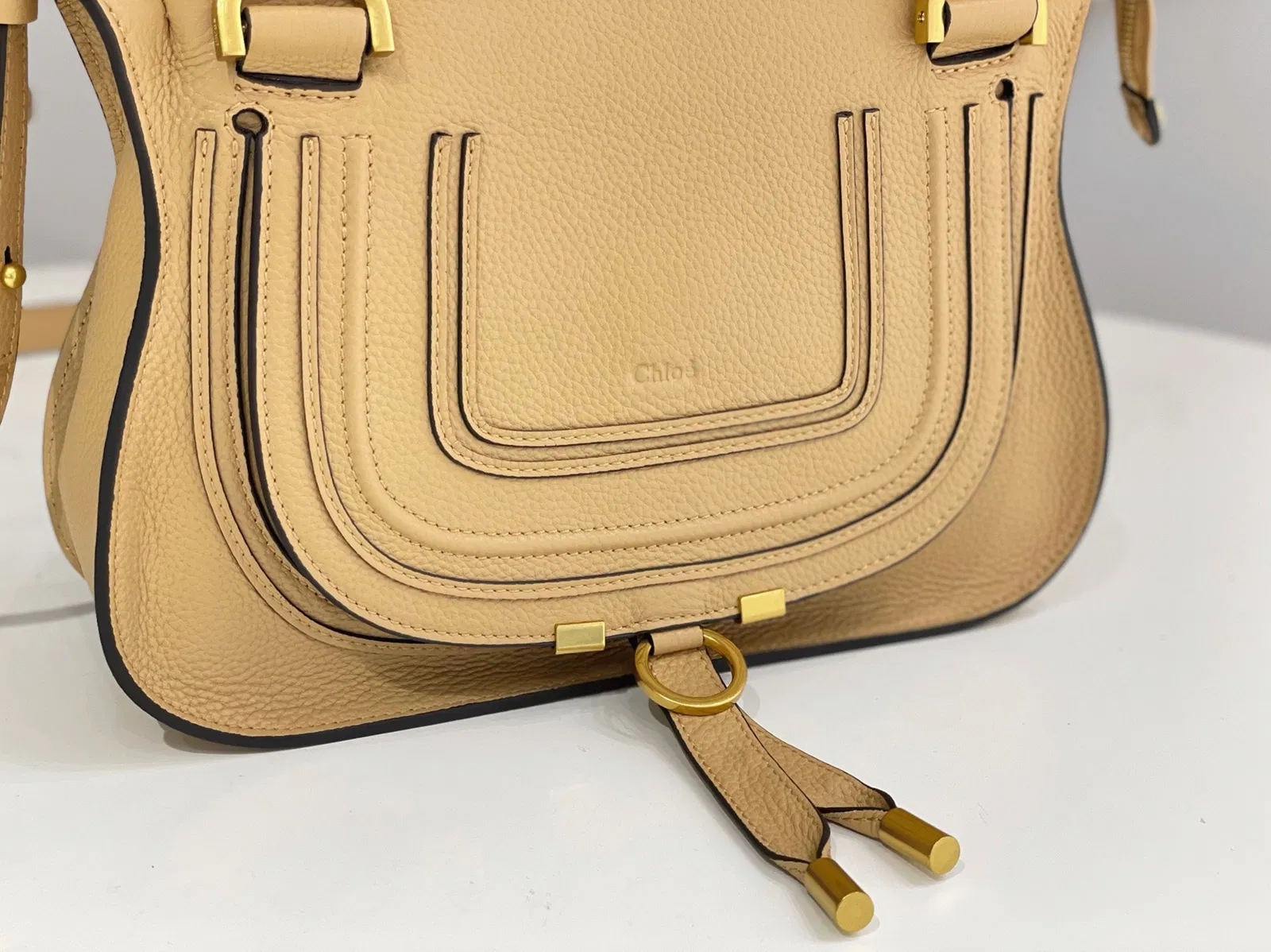 Top Quality Fake Chloe Marcie Small Double Carry Bag in Beige Grained Leather — image 10