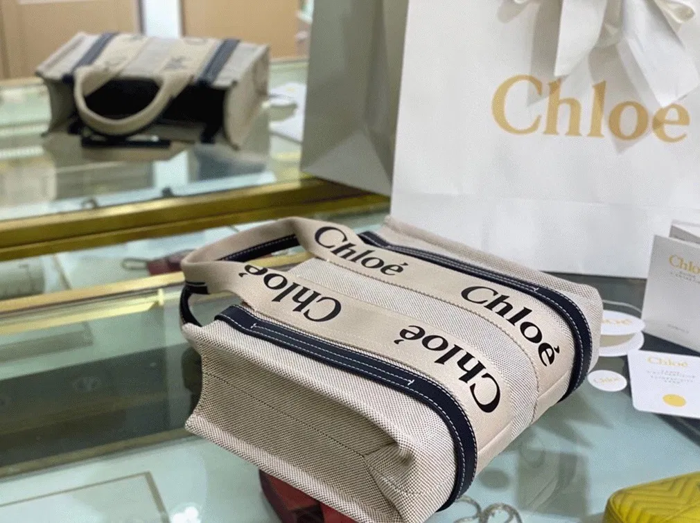 Top Quality Fake Chloe Small Woody Tote Bag in Canvas with Blue Leather Strips — image 9